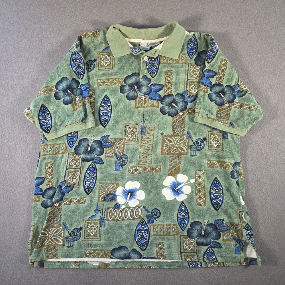 Vintage OP Sport Shirt Mens 2XL Green Floral Polo Ocean Pacific Beach Cotton